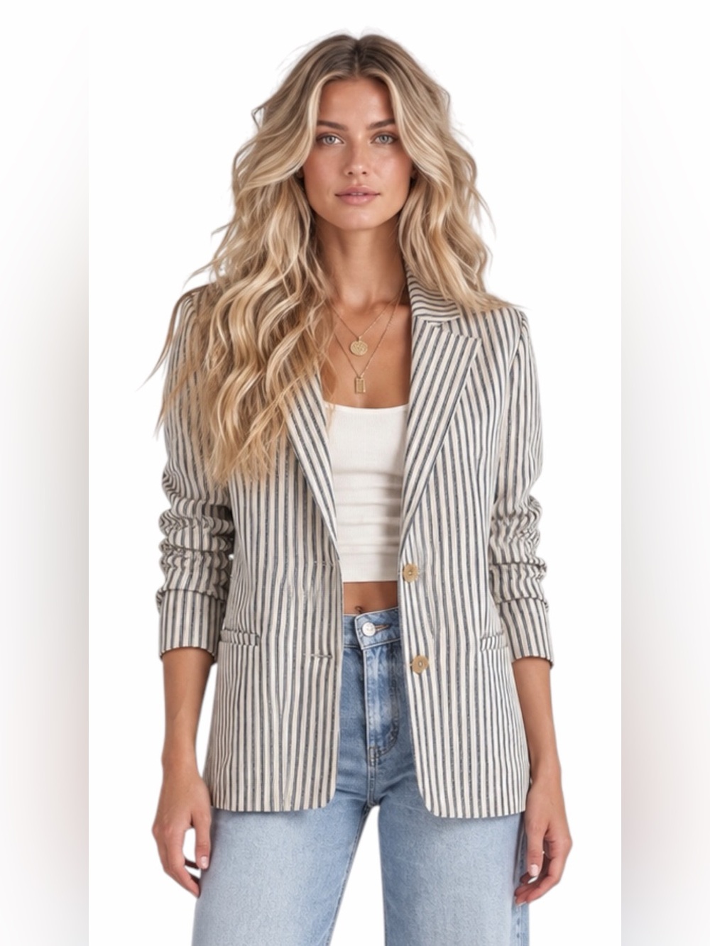 EVEREVE – Thea Striped Linen-Blend Blazer – Blue Cream – Sz. S